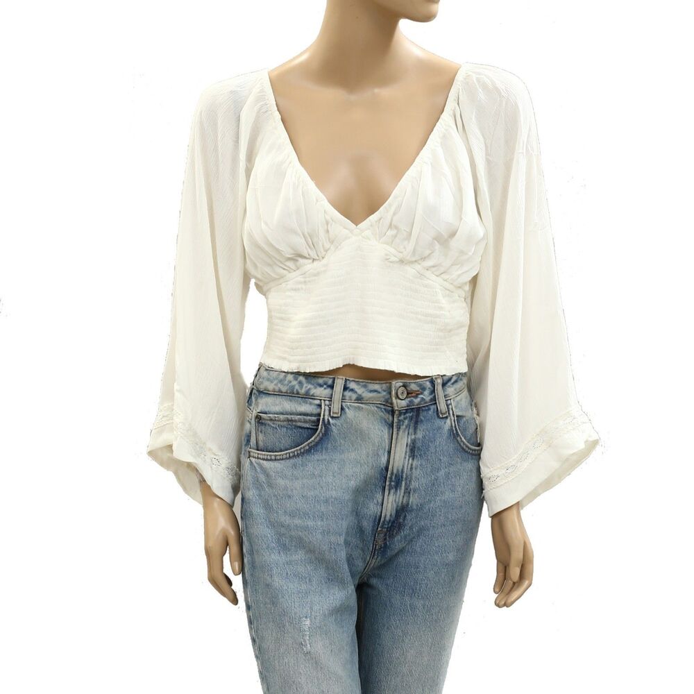 Free People Long Sleeve Blouse Cropped Top Crochet Lace Smocked Ivory M 285092